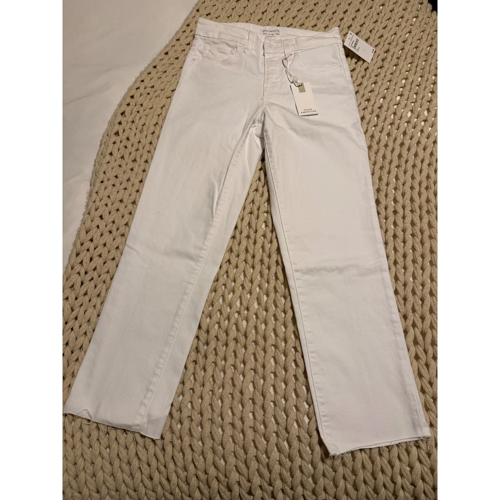 GOOD AMERICAN Petite Straight Jeans White Raw Hem Size 2 26